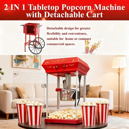 Miniatura 2 de Máquina de palomitas de maíz con hervidor de 9 onzas, cocina de maíz de acero inoxidable, máquina de maíz pop con carrito retro vintage y ruedas