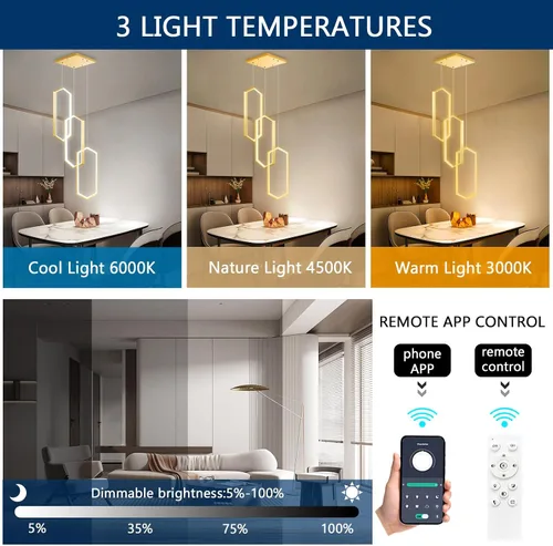 Miniatura 3 de Lámpara colgante regulable de 3 anillos para ajustar mini lámpara LED de techo para cocina, isla, comedor, sala de estar, dormitorio, dorado
