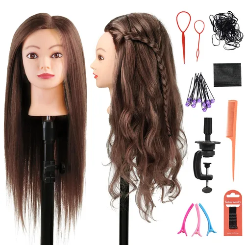 SOPHIRE Cabeza de maniquí de 26 a 28 pulgadas con 80 % cabello humano real, cabeza de entrenamiento de peluquería para práctica de peluquería,