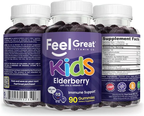 Miniatura 9 de Feel Great Kids - Gomitas de saúco con zinc y vitamina C Apoyo inmunológico Sambucus Saúco Multivitaminas veganas para niños con sabor a bayas