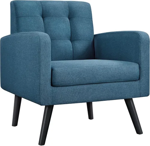 Miniatura 16 de Yaheetech Sillas de acento de mediados del siglo, silla moderna tapizada para sala de estar, sillón acogedor con respaldo abotonado y patas de Azul