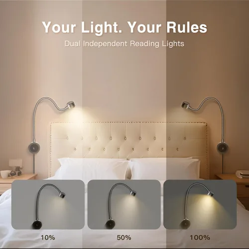 Miniatura 2 de VST Luz de lectura de cama montada en la pared, lámpara de lectura de cabecera con certificación ETL, luz de cabecera regulable táctil con puertos