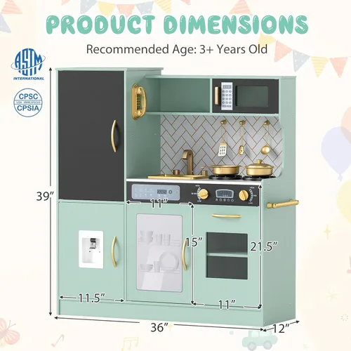 Miniatura 7 de Costzon Juego de cocina para niños, juego de juguetes de cocina de chef de madera grande con sonidos y luces reales, microondas, pizarra, horno