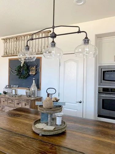 Miniatura 8 de Kira Home Harlow - Lámpara de isla de cocina industrial moderna de granja de 38 pulgadas de 3 luces con pantallas de vidrio transparente, altura