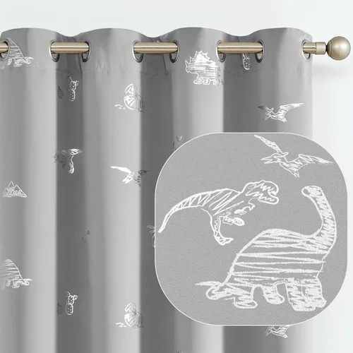 Miniatura 13 de Vangao - Cortinas para niños con impresión de dinosaurio en negro, cortinas opacas para guardería, habitación de niñas y niños, estampado plateado