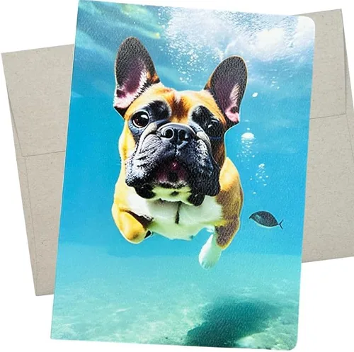Tarjeta de felicitación submarina divertida francesa (5 x 7 pulgadas y interior en blanco) para natación, bulldog francés en tarjeta para