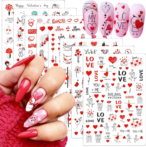 Miniatura 13 de 8 hojas de calcomanías de arte de uñas para el día de San Valentín, autoadhesivas, 3D, color plateado, rosa, rojo, labios, letras de corazón, diseño