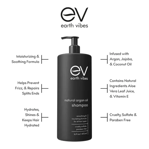 Miniatura 7 de Earth Vibes Champú orgánico de aceite de argán marroquí – (16 onzas/16.0 fl oz), sin sulfatos ni parabenos, hecho con aceite de jojoba, aceite