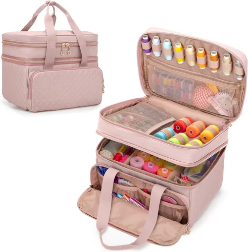 Miniatura 9 de YARWO Organizador de suministros de costura de doble capa con 5 divisores personalizados, bolsa de almacenamiento portátil para accesorios de Negro