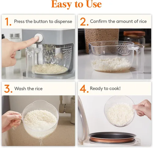 Miniatura 7 de Lifewit Paquete de 2 dispensadores de arroz de 25 libras (24.9 lbs), contenedor de almacenamiento de arroz sellado a prueba de humedad con taza Gris