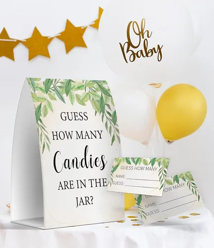 Miniatura 4 de Cuántos caramelos hay en el frasco, juegos de baby shower de vegetación, baby shower con temática de vegetación - un letrero y 50 tarjetas (GES07)