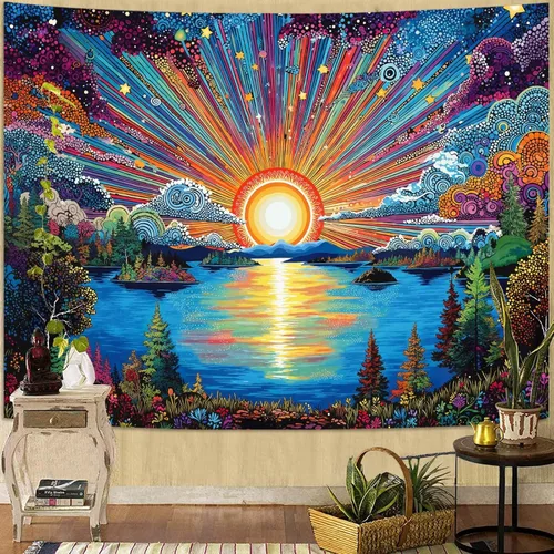Miniatura 9 de Zussun Tapiz de hongo rojo, tapices de luna y estrella para dormitorio, estética de color beige, noche estrellada, planta verde, tapiz de pared