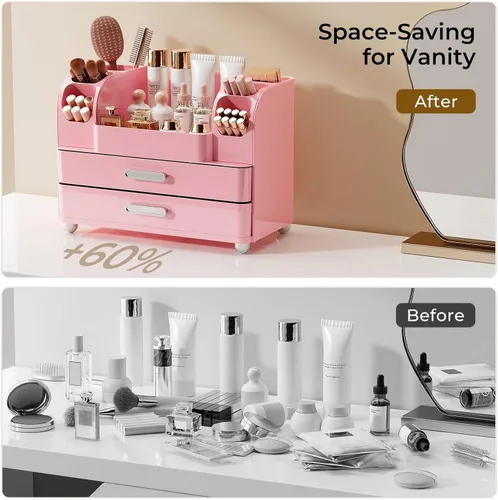 Miniatura 6 de UFORU Organizador de maquillaje para tocador con 2 cajones grandes, vitrina de cosméticos con soportes para cepillos, fácil de almacenar