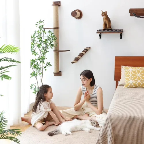 Miniatura 4 de FUKUMARU Muebles de pared para gatos, estantes de gatos de 11.8 pulgadas para paneles de yeso, escaleras de madera de nogal para gatitos para montar
