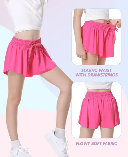 Miniatura 2 de QooNoo Pantalones cortos de mariposa para niñas con bolsillo, pantalones cortos atléticos fluidos de cintura alta para correr para niños