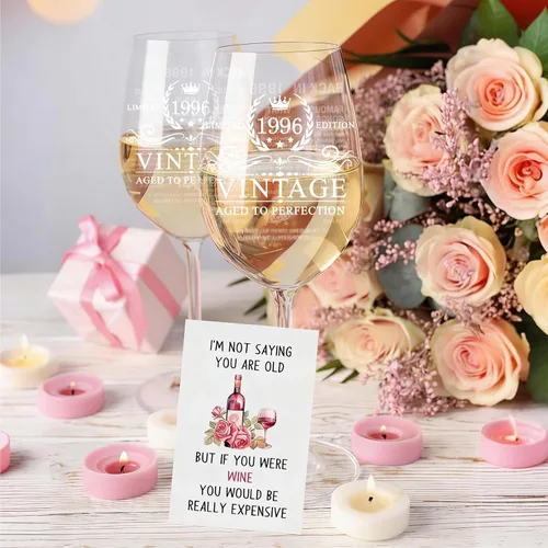 Miniatura 5 de Regalos de 30 cumpleaños para mujeres, copa de vino vintage de 18 onzas con tallo de 1996, información de la antigüedad de 1996, regalos