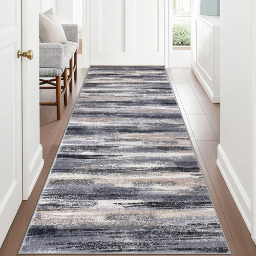 Miniatura 25 de Lansny Alfombra moderna abstracta de 2 x 5 pies, color negro, gris, blanco, lavable, alfombra de entrada para cocina, alfombra antideslizante suave