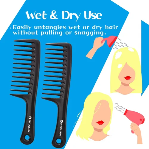 Miniatura 3 de HYOUJIN - Juego de dos peines grandes de dientes anchos, peines desenredantes para ducha, para cabello húmedo o seco, cepillo de peinado para Negro