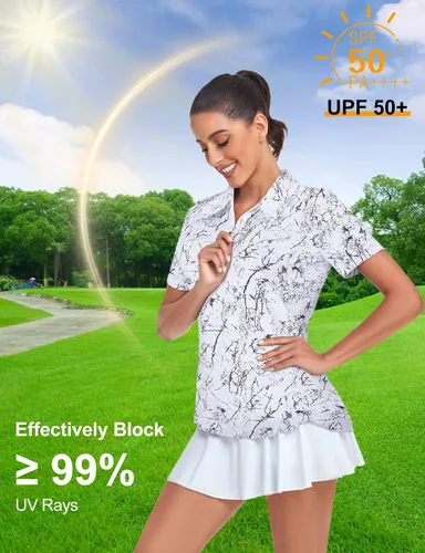 Miniatura 5 de Tanst Sky Camisas polo de golf para mujer, manga corta, con cremallera de un cuarto, sin botones, absorbe la humedad