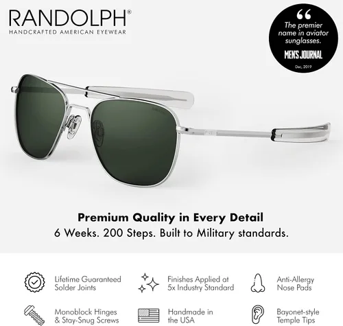 Miniatura 3 de Randolph USA Lentes de sol clásicos de aviador cromados brillantes para hombres o mujeres, 100% UV