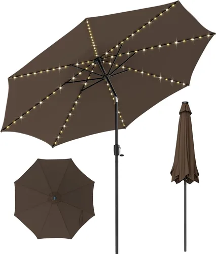 Miniatura 12 de Giantex Sombrilla de patio de 10 pies con 112 luces solares de lluvia de meteoritos, sombrilla de mercado para mesa al aire libre con 8 varillas