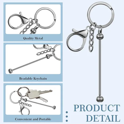 Miniatura 3 de Huwena 6 piezas de llaveros con cuentas, barras en blanco, llavero de cuentas de metal para colgante, manualidades, joyería, regalo Gris