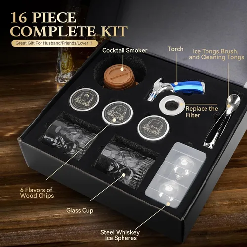 Miniatura 3 de Kit de ahumador de whisky con antorcha, kit de ahumador de cóctel a la antigua moda con chips de madera de 6 sabores, 2 bolas de hielo de acero