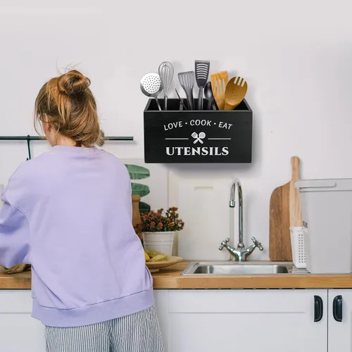 Miniatura 5 de MINCORD Soporte para utensilios de cocina con 3 compartimentos, caja organizadora de almacenamiento de madera rústica, caja organizadora
