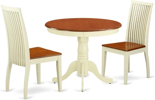 East West Furniture ANIP3-BMK-W - Juego de comedor de 3 piezas que contiene una mesa de comedor redonda con pedestal y 2 sillas de asiento de