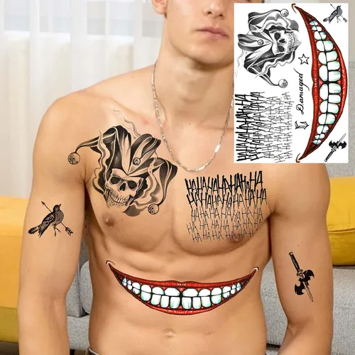 Miniatura 3 de COKTAK Juego de 6 hojas de tatuajes de bromista para Halloween, disfraz de cosplay, HQ payaso Joker tatuajes faciales, tatuajes temporales falsos