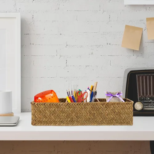 Miniatura 4 de FOMIYES Caja de almacenamiento de mimbre con 3 compartimentos, organizador de escritorio rectangular para almacenamiento en el hogar y lavandería