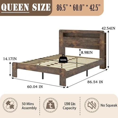 Miniatura 2 de Estructura de cama de madera tamaño Queen con cabecero de almacenamiento, estructura de cama de plataforma estilo granja con estante de biblioteca