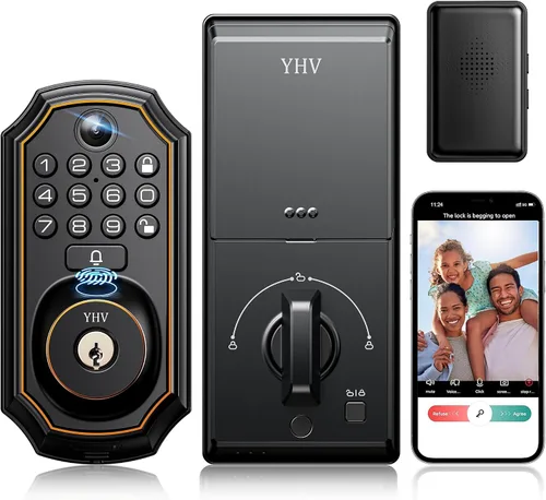 Cerradura de puerta de entrada sin llave con cámara, cerradura inteligente electrónica, teclado de huellas dactilares, cerrojo con código, control