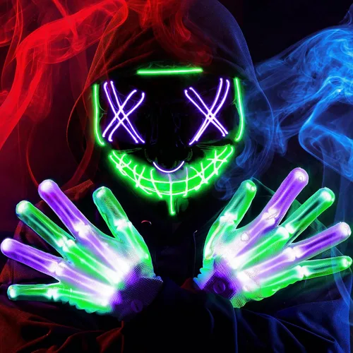 Miniatura 8 de JOYIN Máscara LED de Halloween, máscara de luz y guantes para disfraz de cosplay (azul), 3 modos de máscaras aterradoras que brillan en la oscuridad