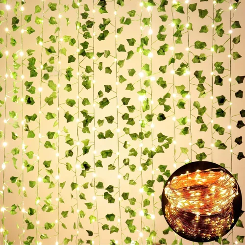 Comtelek Guirnalda de hiedra artificial para decoración de habitación, guirnalda de hiedra artificial con 100 luces LED, plantas colgantes, hojas de