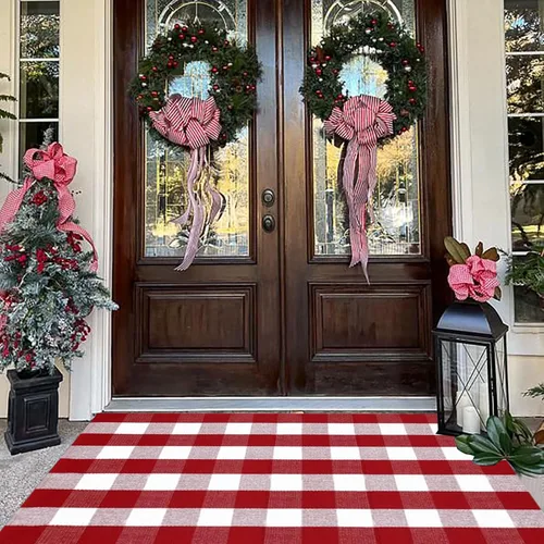 Miniatura 12 de Alfombra de Navidad a cuadros para exteriores, 2 x 4 pies 3 pulgadas, rojo y negro, alfombra de área para interiores y exteriores, alfombra de capas