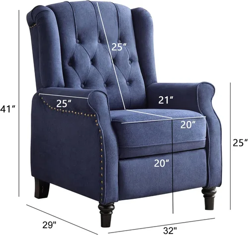 Miniatura 2 de Bonzy Home Sillón reclinable orejero de empuje hacia atrás, sillón tapizado de respaldo alto con patas de madera maciza, decoración con remaches