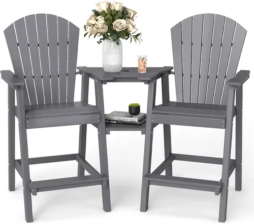 FOOWIN Juego de 2 sillas Adirondack altas, sillas Adirondack de altura de barra HDPE para todo clima con bandejas de conexión dobles, taburetes de