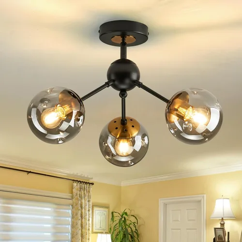 Miniatura 10 de Lámpara de techo de 1 bombilla de techo con forma de globo de cristal, moderna y semiempotrada de color negro para pasillo, porche, escalera