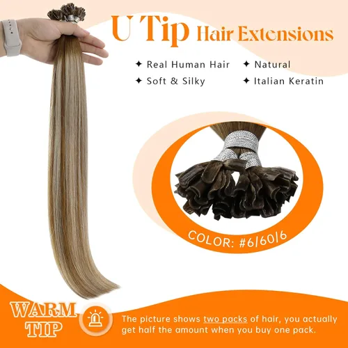 Miniatura 2 de Sunny Hair - Extensiones de cabello humano U-tip, balayage, extensiones de cabello humano castaño con rubio degradado, K-tip, extensiones de cabello