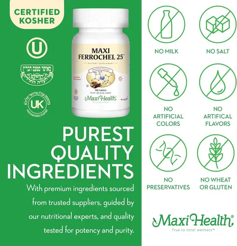 Miniatura 5 de Maxi Health Suplemento de hierro - Suplementos suaves de hierro para hombres y mujeres - fumarato ferroso - Ferrochel 25 mg para anemia y producción