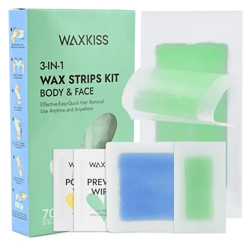 Waxkiss Kit de tiras de cera para mujeres y hombres, 70 unidades, 3 tamaños y 12 toallitas para cera y después de la cera, kit de tiras de cera