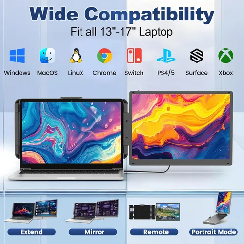 Miniatura 7 de Cenerius Extensor de pantalla para portátil ultra claro 2K de 14 pulgadas, monitor dual portátil para portátiles de 13 a 17 pulgadas, pantalla IPS