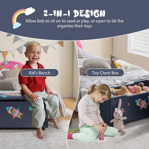 Miniatura 5 de HONEY JOY Caja de juguetes de madera para niños, baúl grande 2 en 1 de almacenamiento de juguetes con asiento acolchado acolchado, asas de Azul