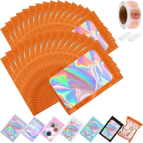 Miniatura 19 de Paquete de 150 bolsas holográficas de Mylar de 5 x 8 pulgadas con ventana transparente, pequeñas bolsas de papel de aluminio resellables