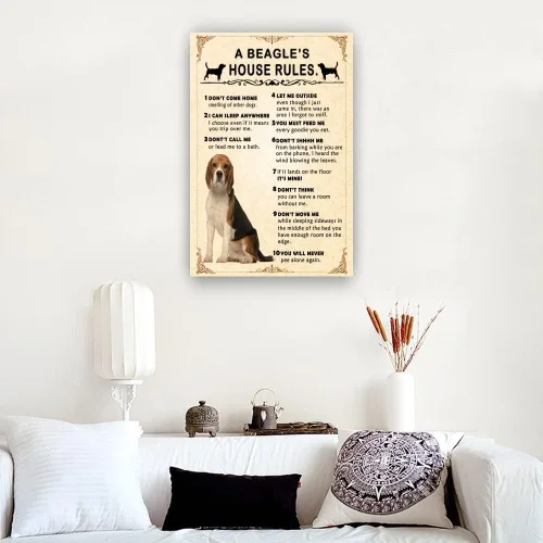 Beagle House Rules - Póster de reglas de la casa – Citas enmarcadas vintage, arte de pared, lienzo para perro, pintura para sala de estar (12 x 18