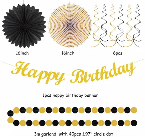Miniatura 3 de Paquete de decoración de fiesta de cumpleaños para mujeres y hombres - 21 piezas. Banner feliz, papel de banderines, linternas de panal, pompones