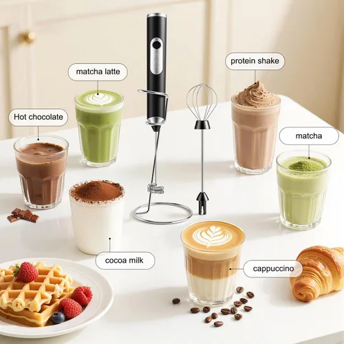 Miniatura 4 de Espumador de leche de mano + soporte recargable de 2000 mAh, espumador eléctrico con 2 batidores de acero inoxidable, mezclador de bebidas de 3