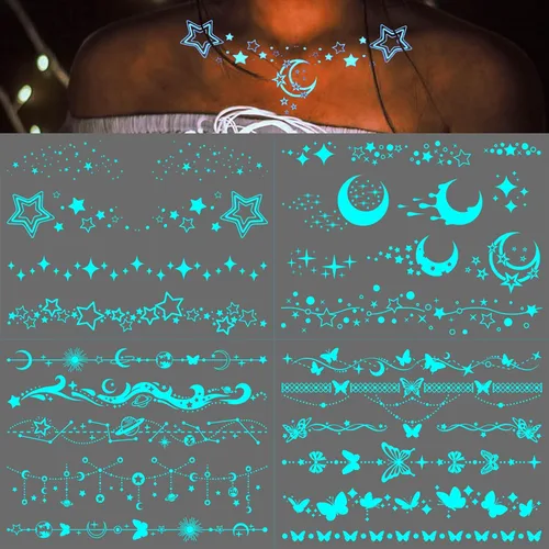 Miniatura 4 de Tatuajes Temporales de Estrella Luminosa Azul y Luna Creciente para Mujeres Clavícula Niñas Adultos Cuello, 4 Hojas Mariposa Planeta Encaje Sexy