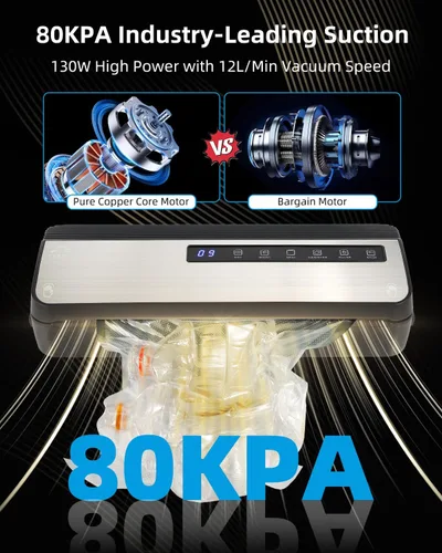 Miniatura 5 de Máquina selladora al vacío para alimentos, 80KPA Potente sellador automático de alimentos 8 en 1 con modos seco y húmedo, almacenamiento de bolsas